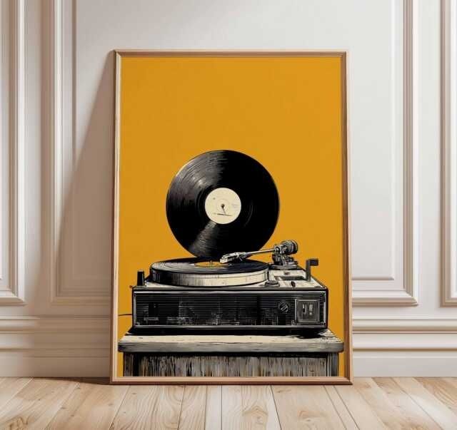 Ingelijste illustratie van een platenspeler met vinylplaat